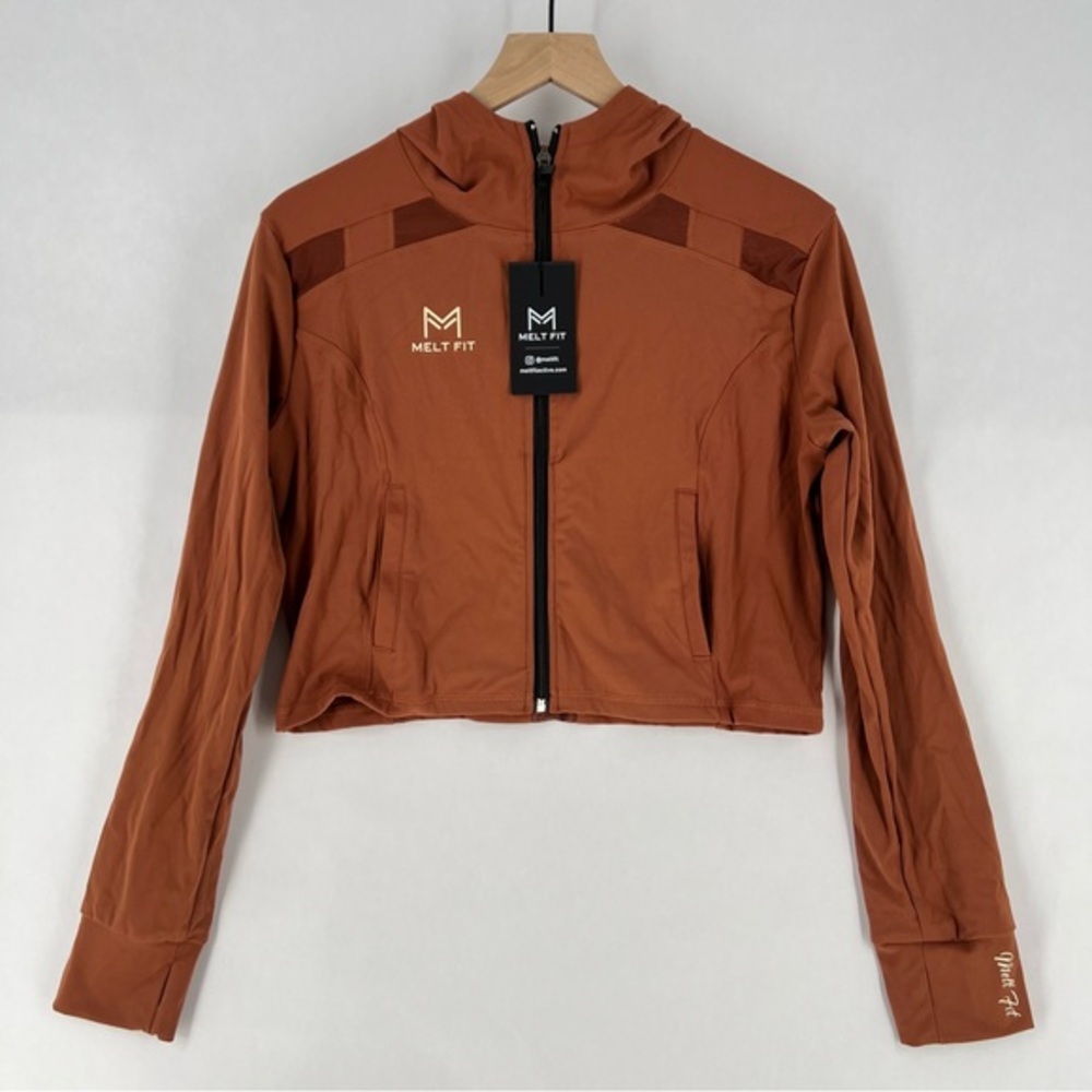 Melt Fit Mesh Cutouts Full Zip Hooded Long Sleeve Cropped Jacket‎ Athleisure